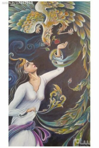 原始波斯微型艺术画:硬纸板上的丙烯画——女孩与凤凰
