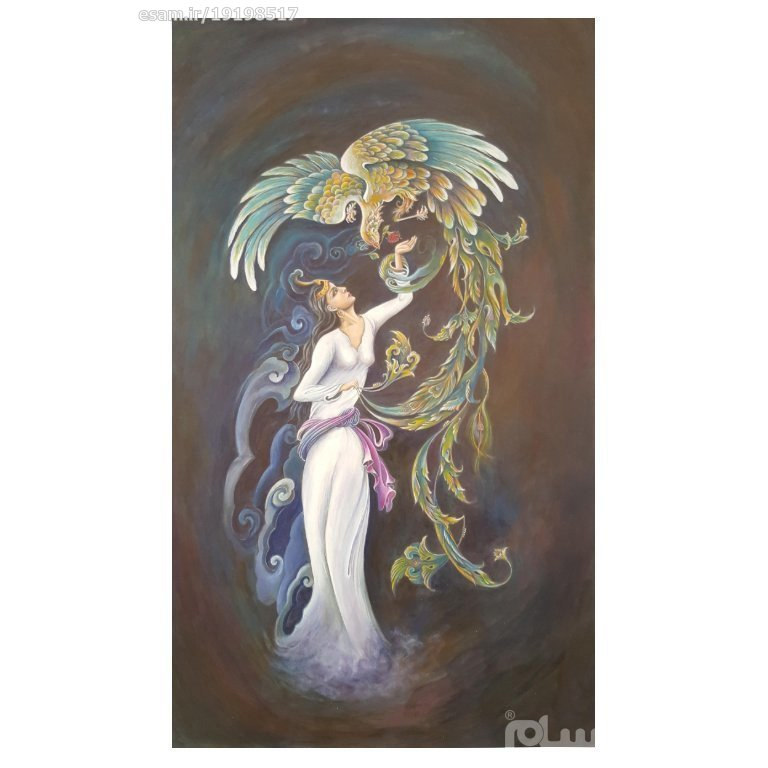 Main image of 原始波斯微型艺术画：硬纸板上的丙烯画——女孩与凤凰