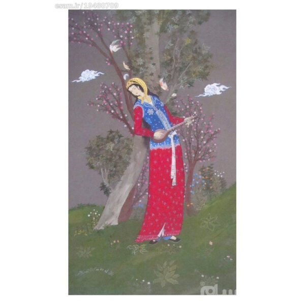 原创波斯萨法维艺术绘画：纸板水彩与水粉画 – 春天与Setar