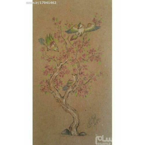 原创波斯细密画:水粉与水彩画 – 树与鸟