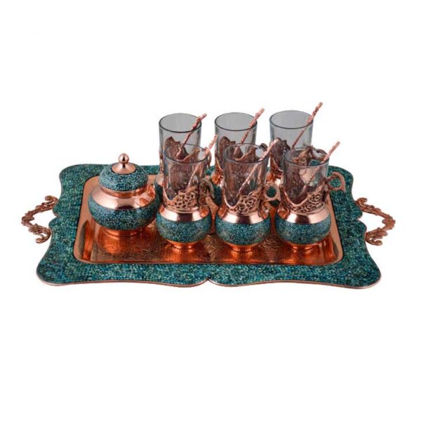 手工波斯铜制茶咖具套装 – 镶嵌绿松石