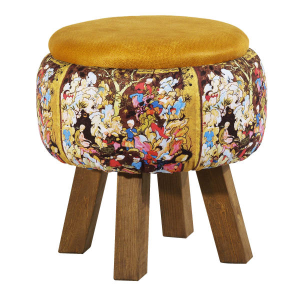 Main image of 圆形天鹅绒脚凳 木质脚架 波斯艺术灵感 黄色图画款