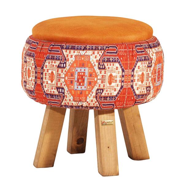 Main image of 圆形天鹅绒脚凳 木质脚架 波斯艺术灵感 橙色款