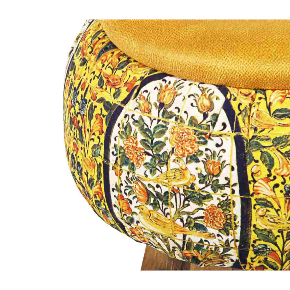 圆形天鹅绒脚凳 木质脚架 波斯艺术灵感 黄色款