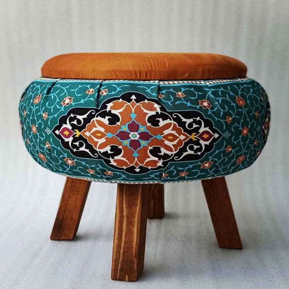 圆形天鹅绒脚凳 波斯艺术灵感 绿色花卉款