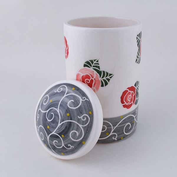 陶瓷储物罐 – 手工制作，玫瑰图案款