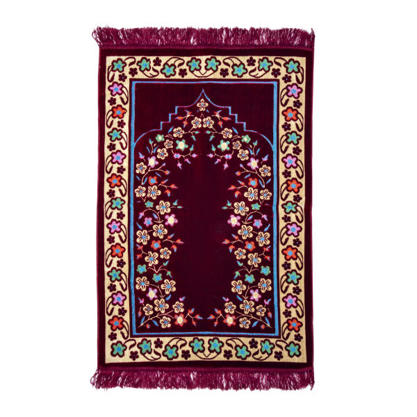 Main image of 伊斯兰祷告地毯，红色天鹅绒加厚带花卉图案