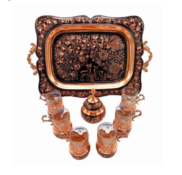 手工波斯铜制茶咖具套装 – 豪华浮雕雕刻款