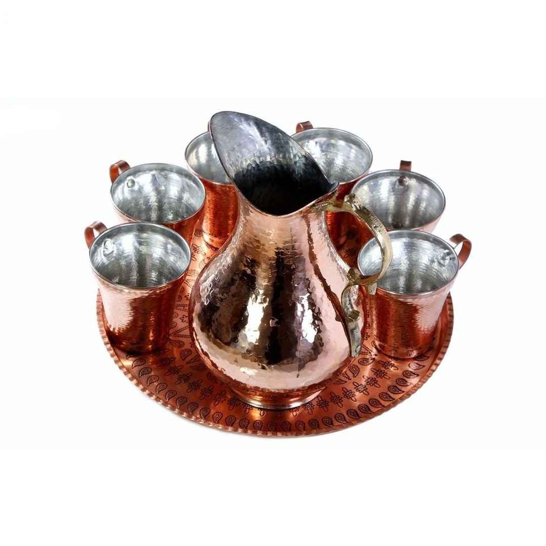 8件套波斯铜杯 – 手工制作，带把手，适合冷饮 – 锤纹配水壶