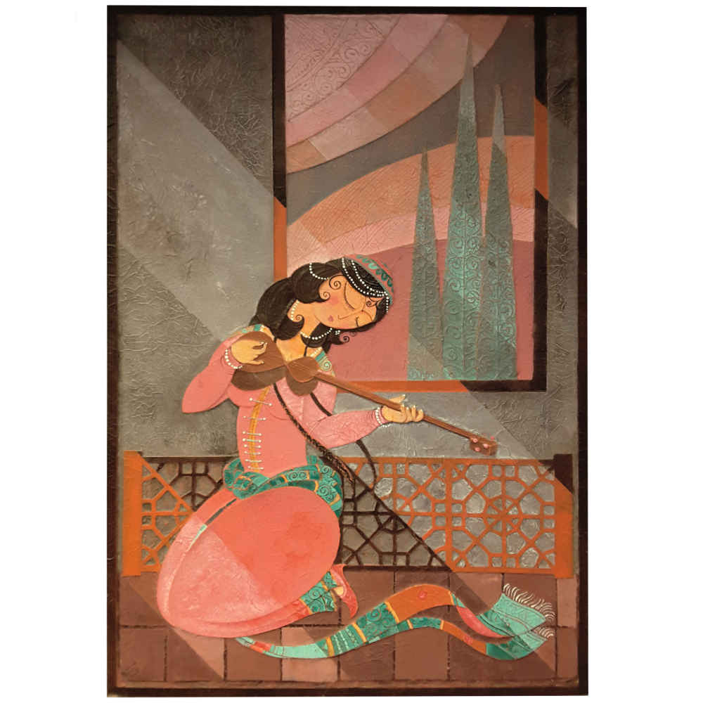 Main image of 原创波斯抽象艺术绘画 – 木板水彩画，弹奏Setar的音乐女孩