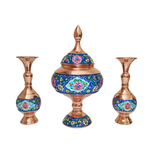 Main image of 波斯手工铜糖罐（带盖与瓶）– 手绘珐琅彩 Lotus 款