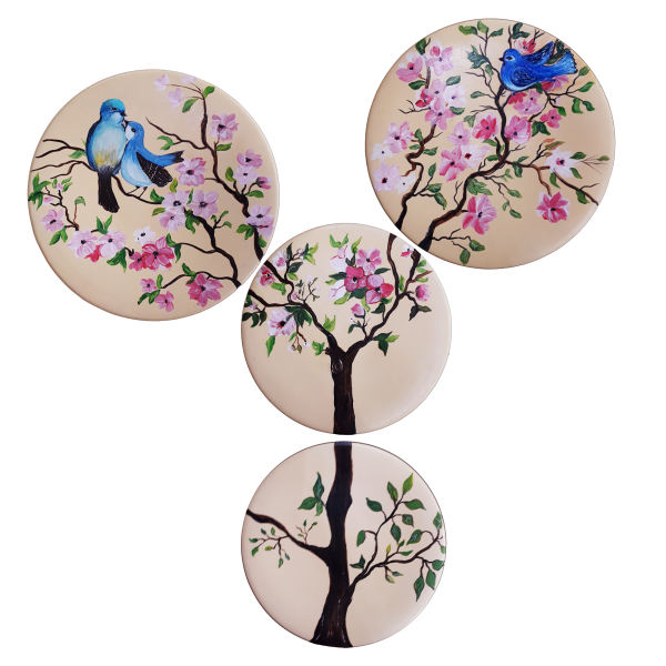 Main image of 手绘装饰陶瓷盘 树与鸟（4件套）