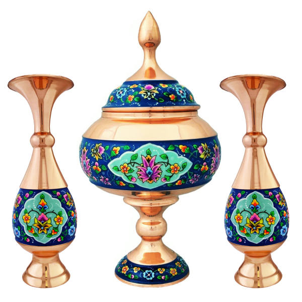Main image of 波斯手工铜糖罐（带盖与瓶）– 手绘珐琅彩 Flower 款