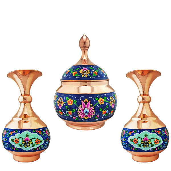 Main image of 波斯手工铜糖罐（带盖与瓶）– 手绘珐琅彩 Pardaz 款