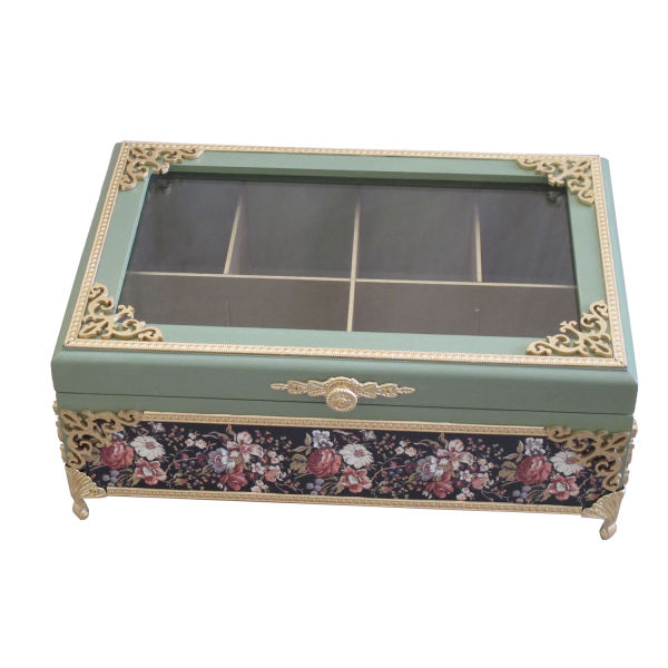 Main image of 蓝色点缀茶叶收纳盒 – 木制格子款