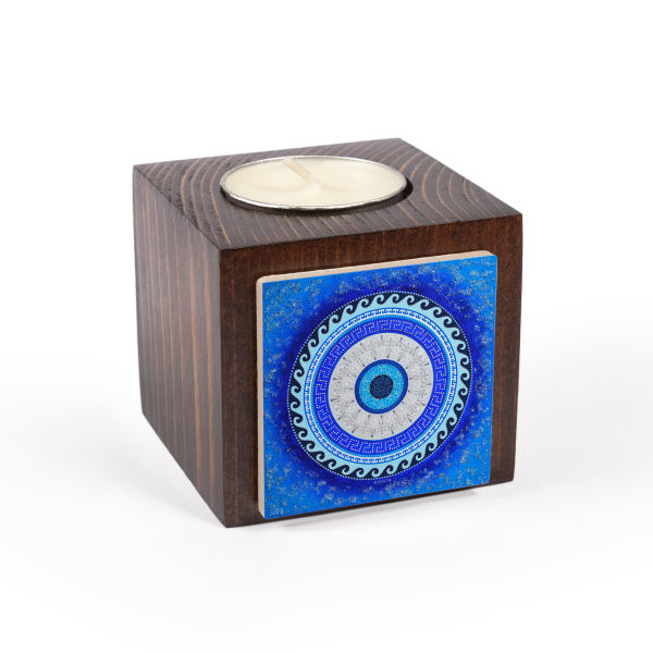 Main image of 波斯木质立方体小蜡烛台 蓝色圆形（2个）