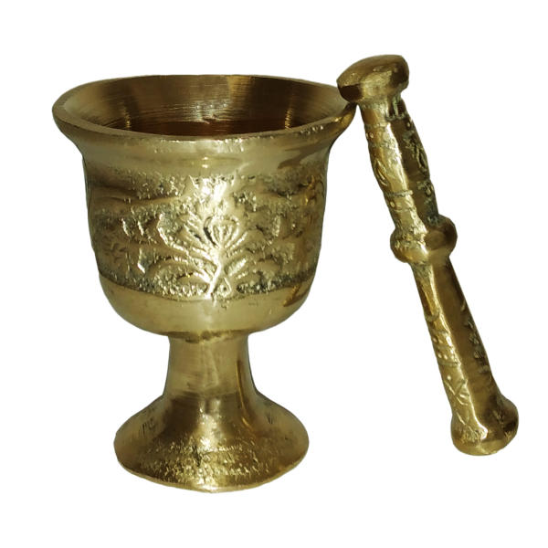 Main image of 带传统波斯花卉图案的黄铜研钵与杵，阿拉希款