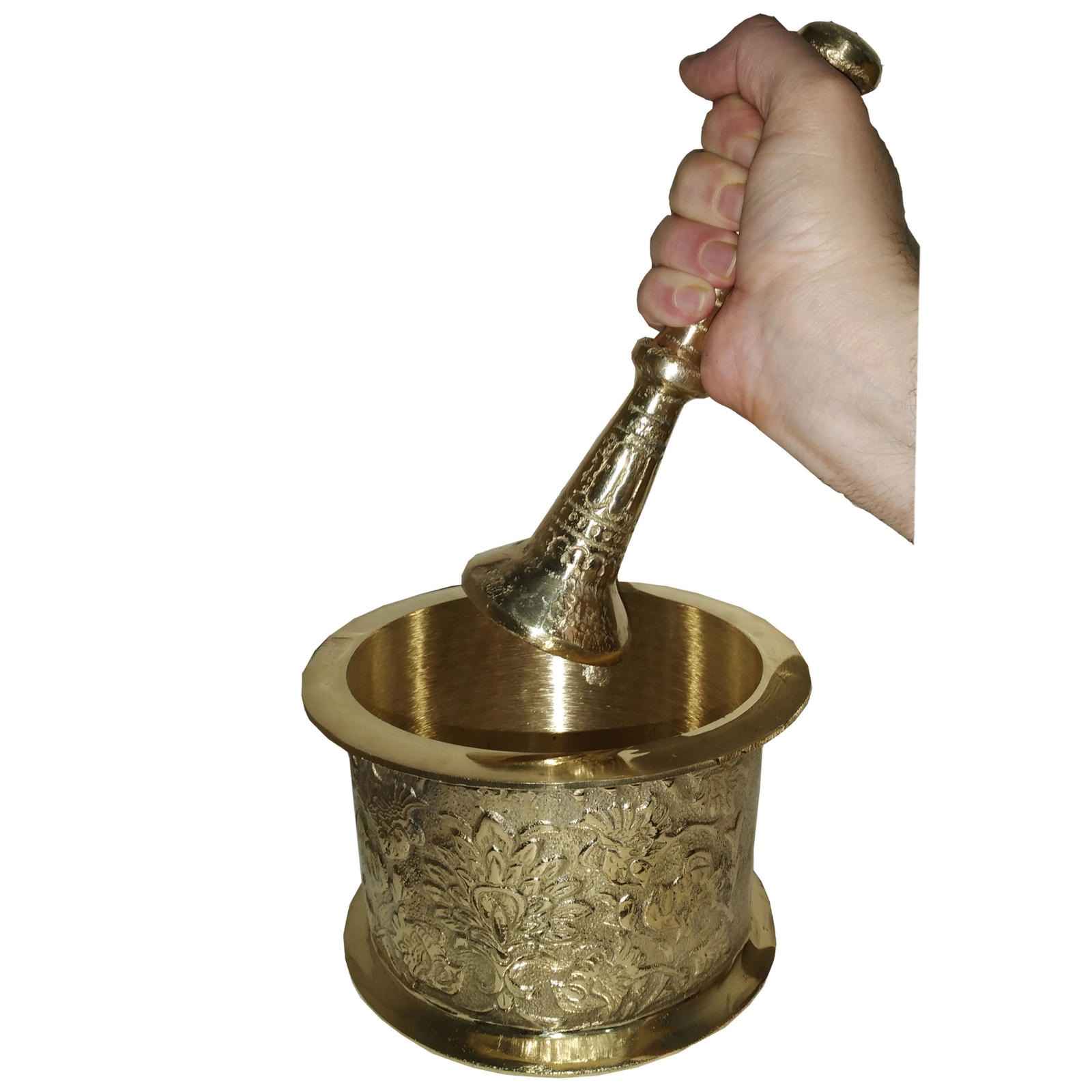 带传统波斯花卉图案的黄铜研钵与杵，阿尔希款