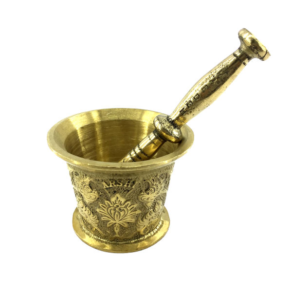 Main image of 带传统波斯花卉图案的黄铜研钵与杵，阿尔希亚款