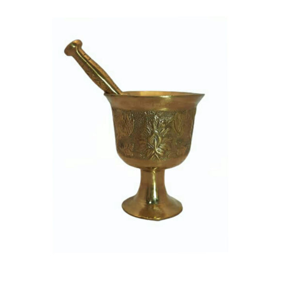 Main image of 带传统波斯花卉图案的黄铜研钵与杵，达里亚款