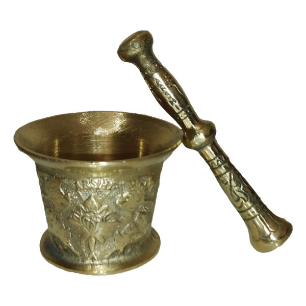 Main image of 带传统波斯花卉图案的黄铜研钵与杵，克尔马尼款