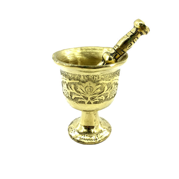 Main image of 带传统波斯花卉图案的黄铜研钵与杵，萨赫拉款