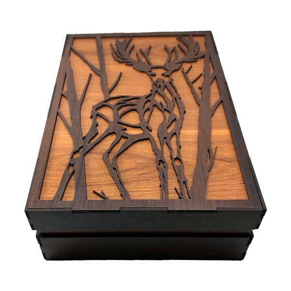 鹿纹茶叶收纳盒 – 木质抽屉设计