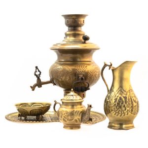 波斯黄铜茶炊 装饰性炭火茶具 花卉图案 2 升