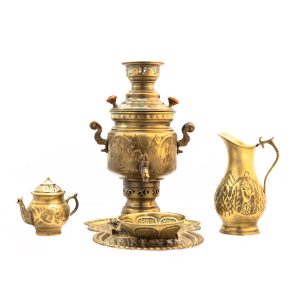 波斯黄铜茶炊 装饰性炭火茶具 花卉图案 3 升