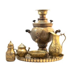 波斯黄铜茶炊 装饰性炭火茶具 花卉图案 6 升