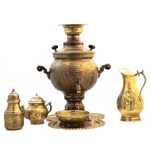 波斯黄铜茶炊 装饰性炭火茶具 花卉图案 6 升