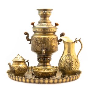 波斯黄铜茶炊 装饰性炭火茶具 花卉图案 3 升
