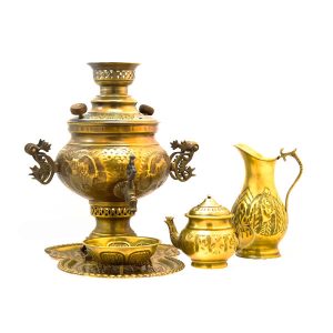 波斯黄铜茶炊 装饰性炭火茶具 花卉图案 6 升