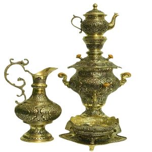 波斯黄铜茶炊 装饰性炭火茶具 花卉图案