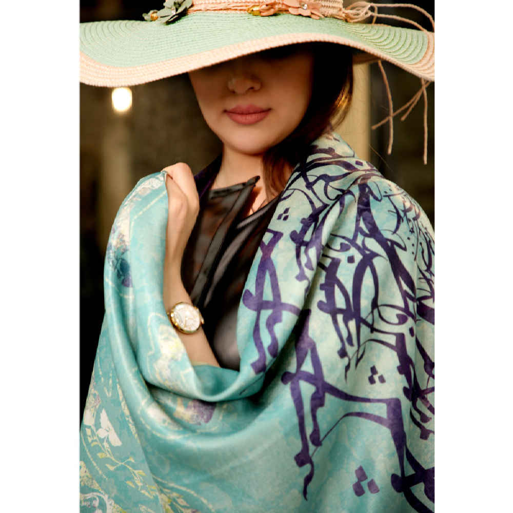 波斯印花丝绸披肩 双面艺术书法 Sama