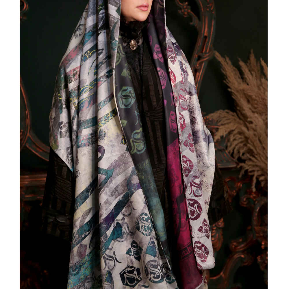 波斯印花丝绸披肩 双面艺术书法 Beraghsa