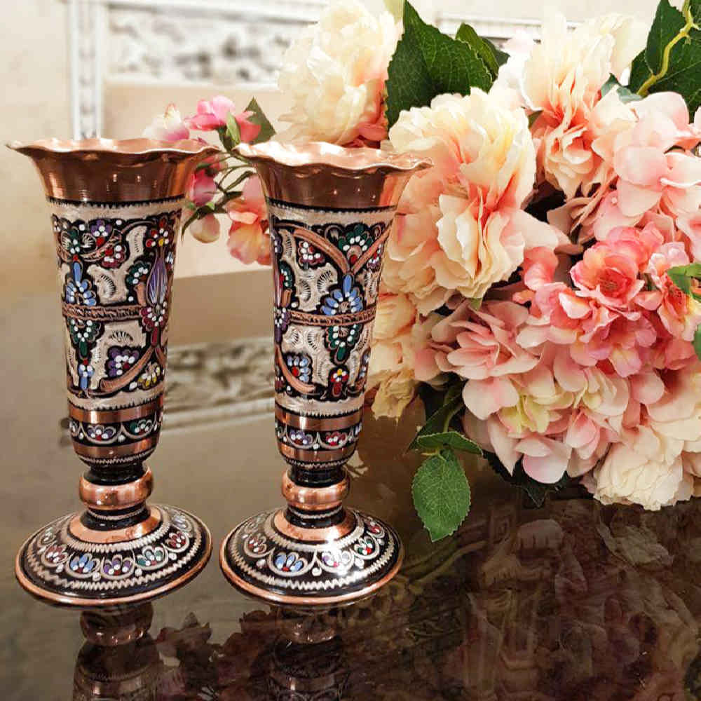 装饰性铜花瓶 – 波斯手绘米纳卡里珐琅 Sheypoori