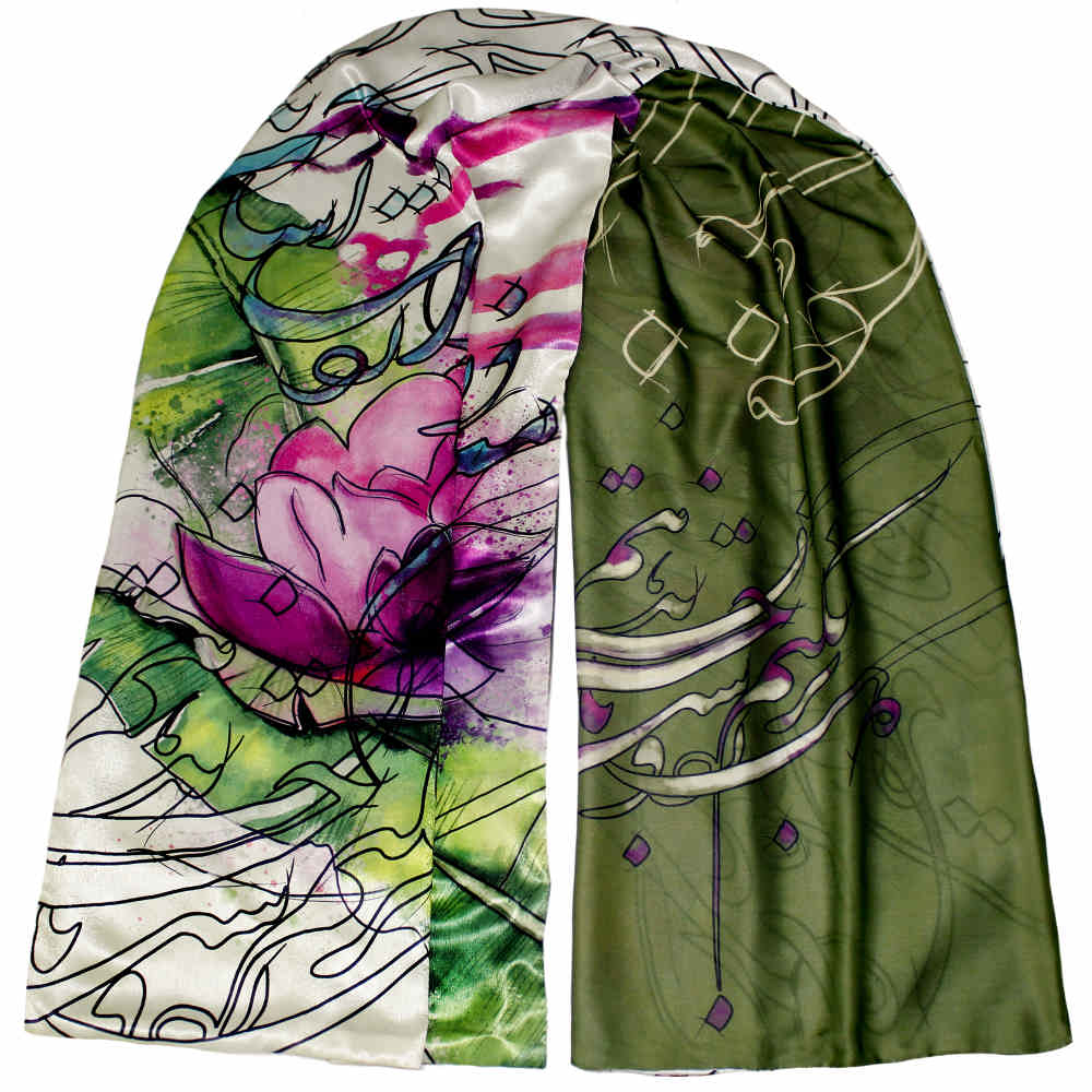 波斯印花丝绸披肩 双面艺术书法 Atoosa