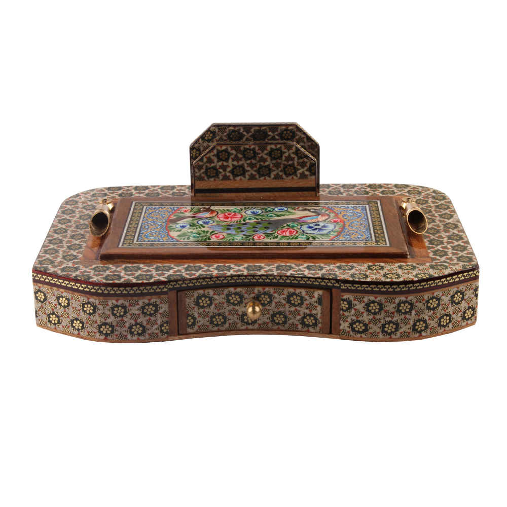 Main image of 装饰桌面配件 – 孔雀图案，Khatamkari 艺术