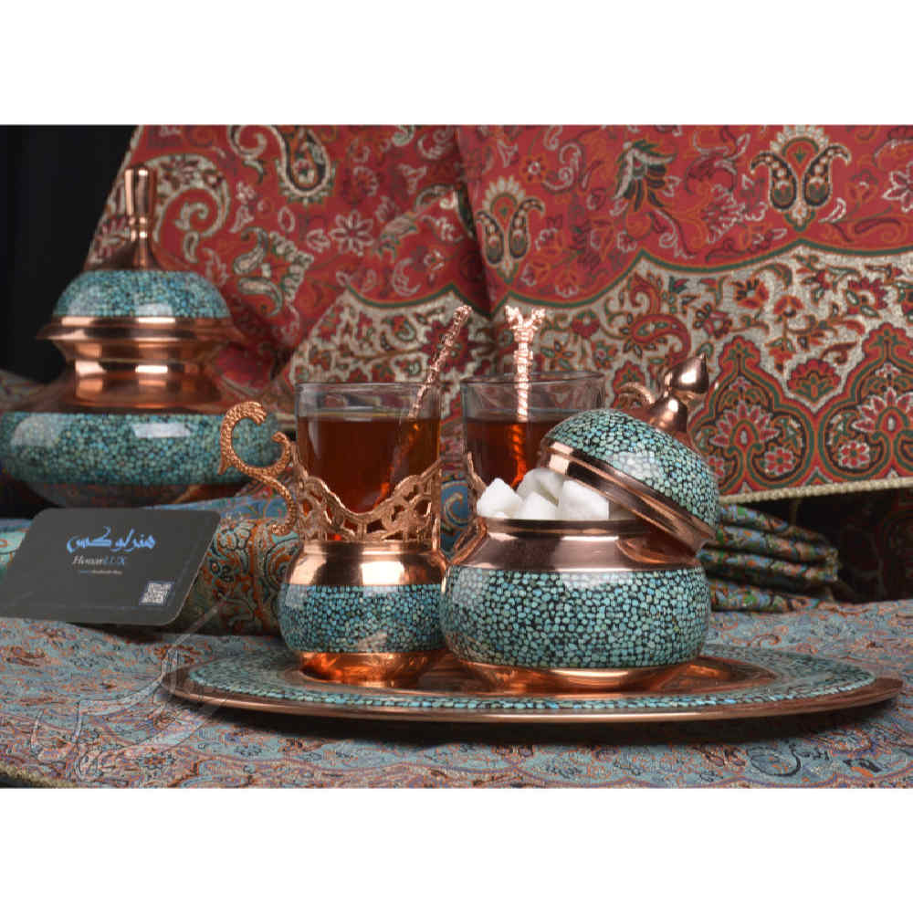 手工波斯铜制茶咖具套装 – 镶嵌绿松石 Farima 款