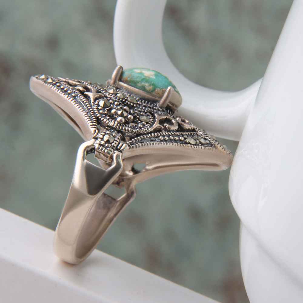 手工波斯银戒指 尼沙布尔绿松石 Niloofar 款