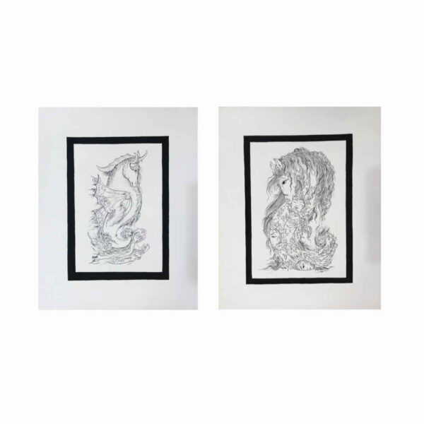 两幅原创波斯细密画套装：水彩画 – 马