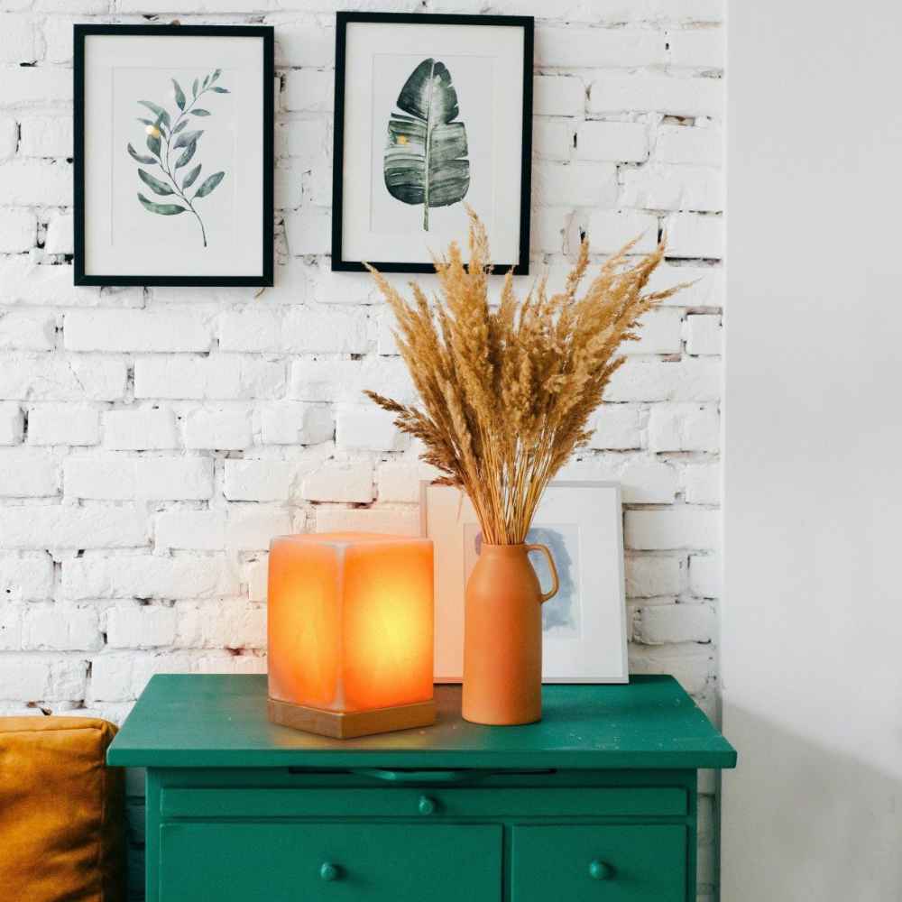 波斯方形盐灯 – 手工 Dara 设计,木质底座