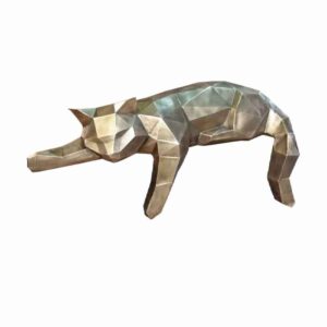 几何银色猫立体派雕像 – 抽象雕塑