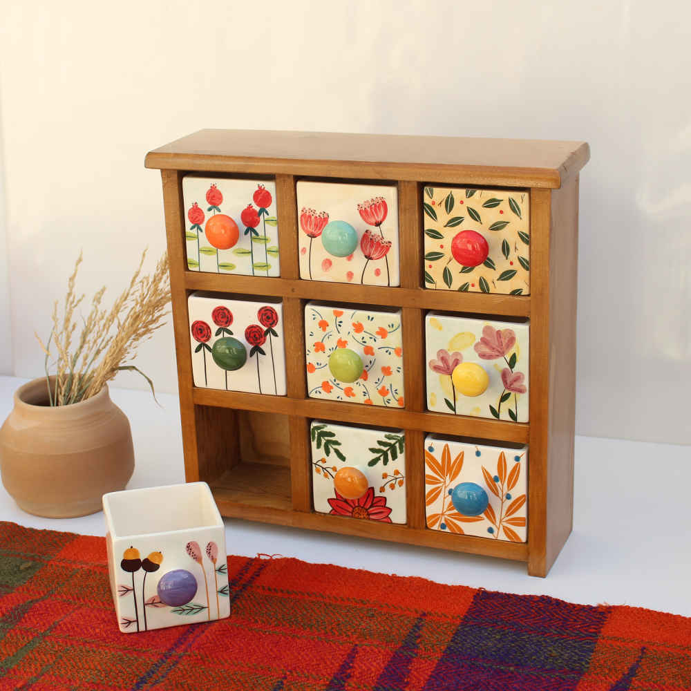 手工制作陶瓷九抽屉柜配木盒 – 花卉款
