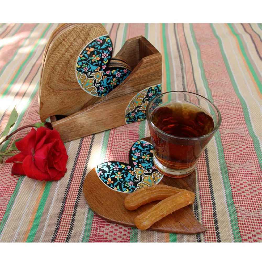 饮品杯垫套装带杯架 – 波斯灵感艺术设计心形