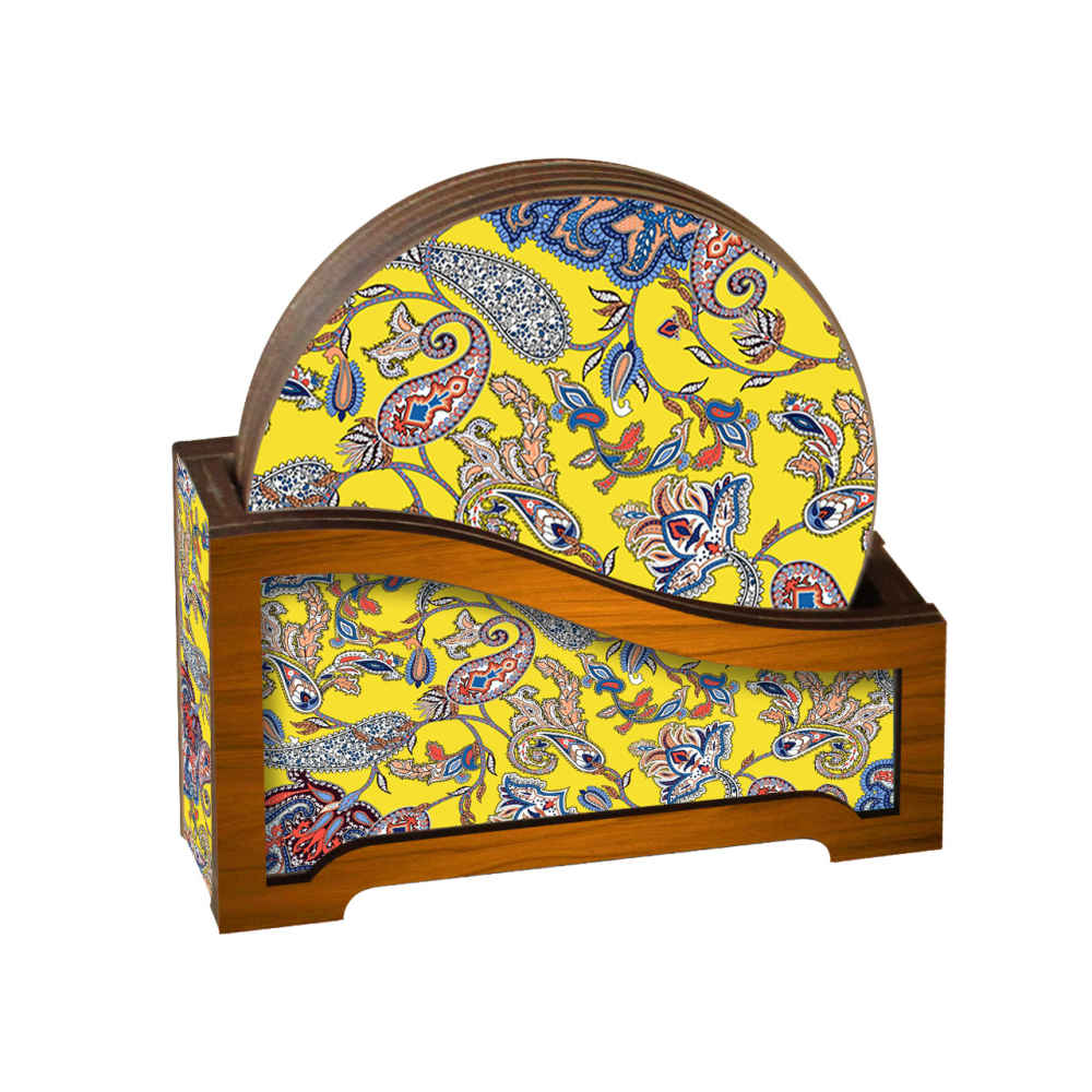 Main image of 饮品杯垫套装带杯架 – 波斯灵感艺术设计 Yellow