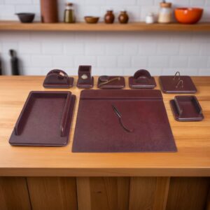 酒红色皮革办公桌面收纳套装 – 11件套