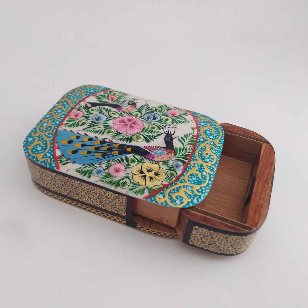 波斯木质扑克牌盒 – 哈塔姆珐琅鸟与花卉款