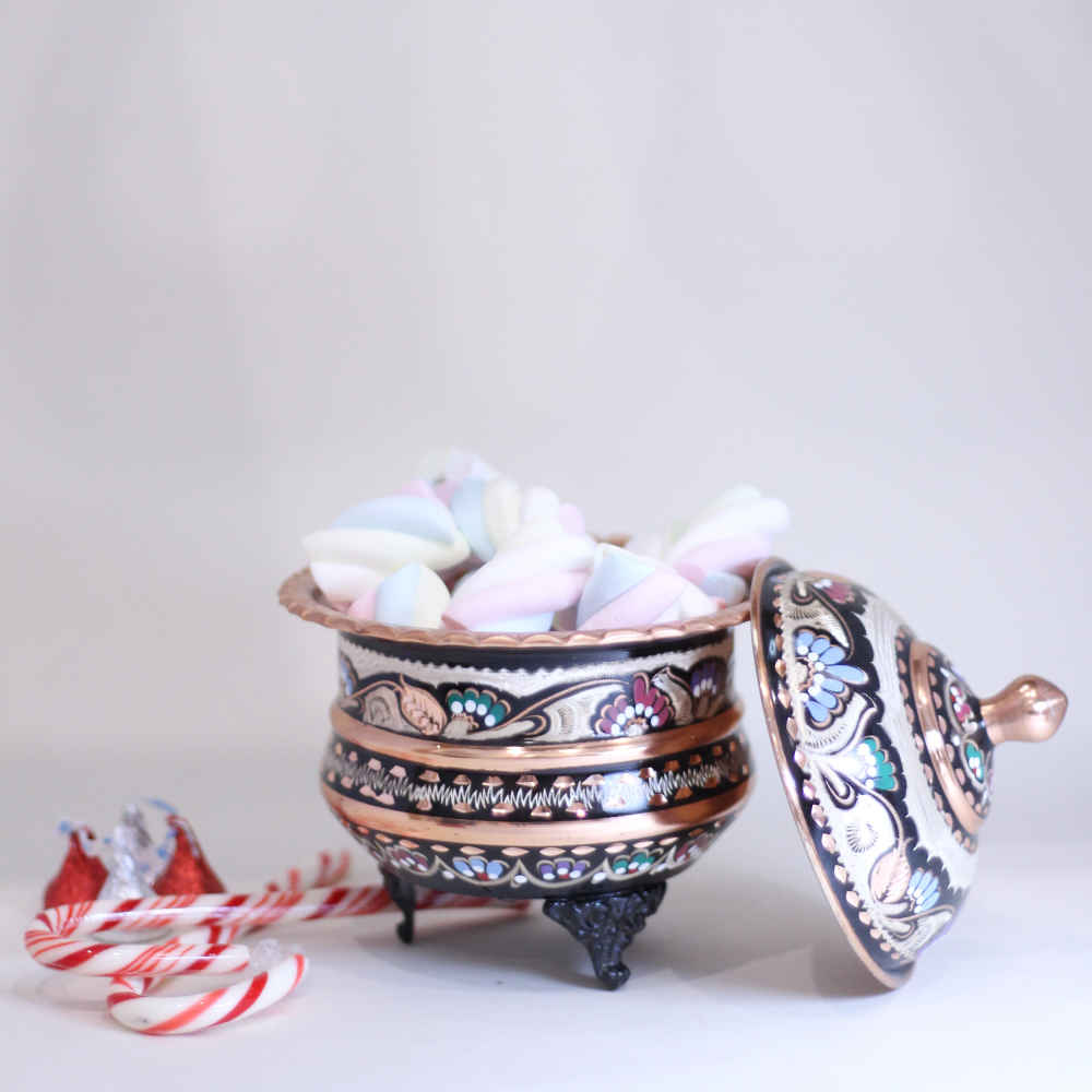 手工波斯铜制带盖糖碗 – 珐琅（Minakari）Mehran 款